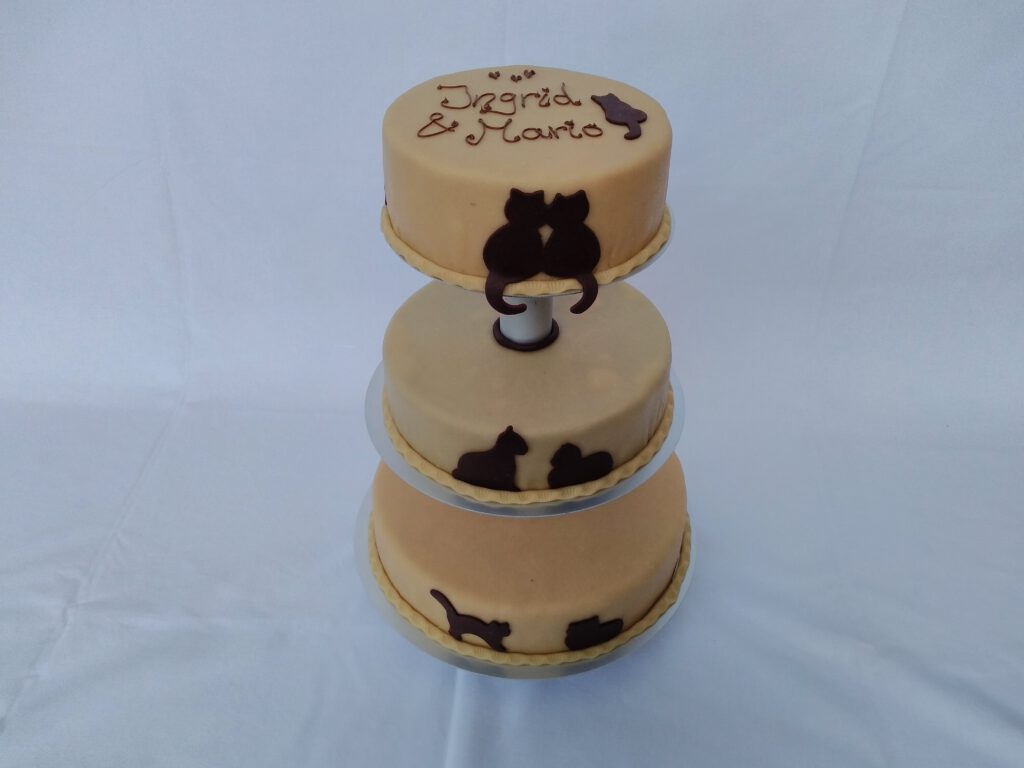 Dreistöckige Hochzeitstorte mit Katzen-Silhouetten aus Schokolade
