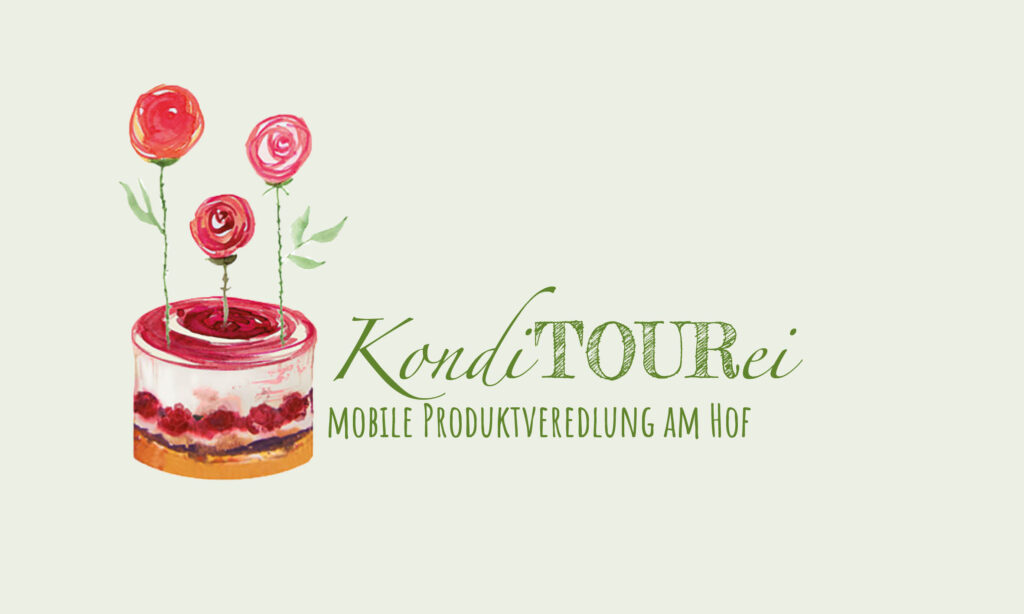 Logo der KondiTOURei: Törtchen mit drei Rosen und der Schriftzug „KondiTOURei – mobile Produktveredlung am Hof“
