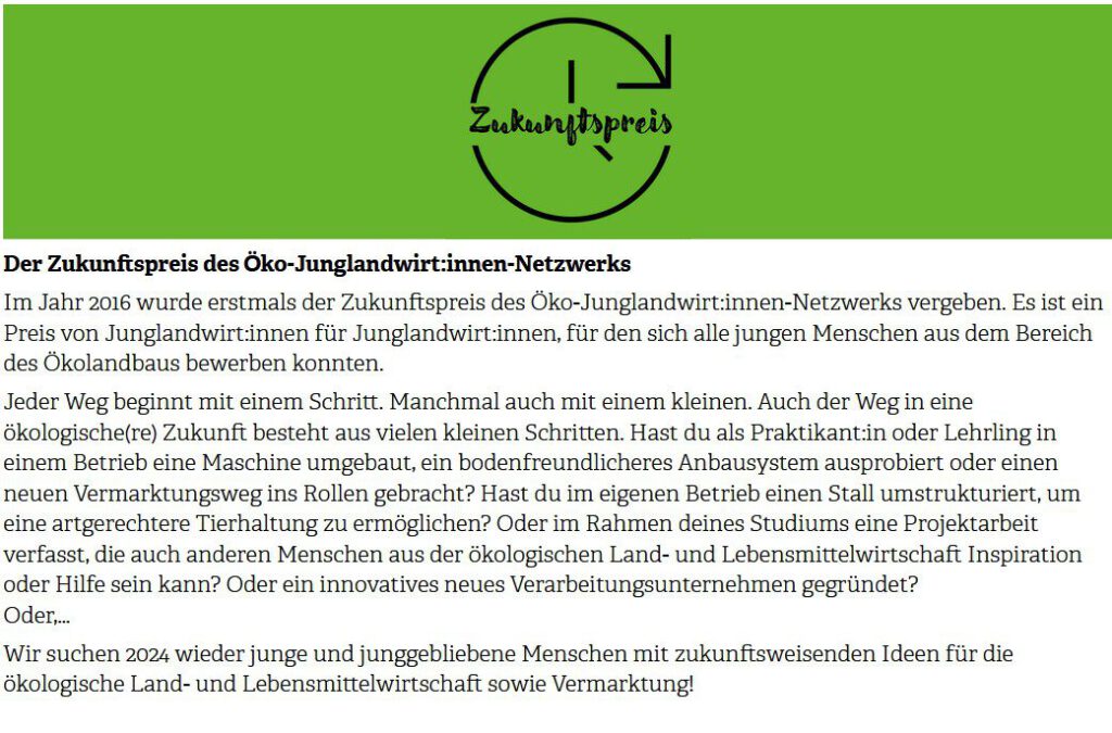 Bildschirmfoto zum Zukunftspreis des Öko-Junglandwirte-Netzwerks